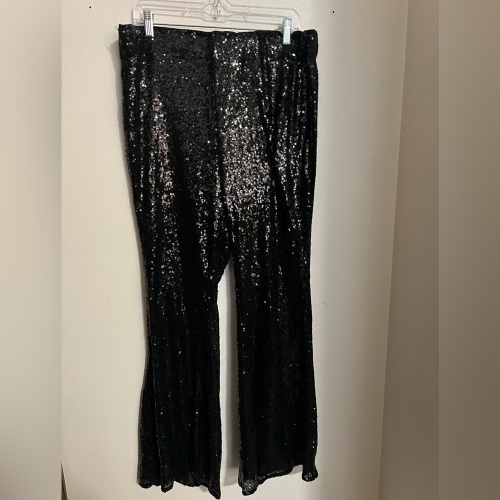 PERFECTLY PRISCILLA Classic Pull On‎ Black Sequins Flare Leg Pants Women's Sz 3X